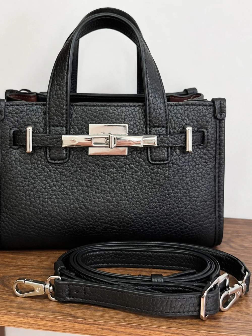 Structured Black Pebbled Leather Top-Handle Satchel with Adjustable Strap